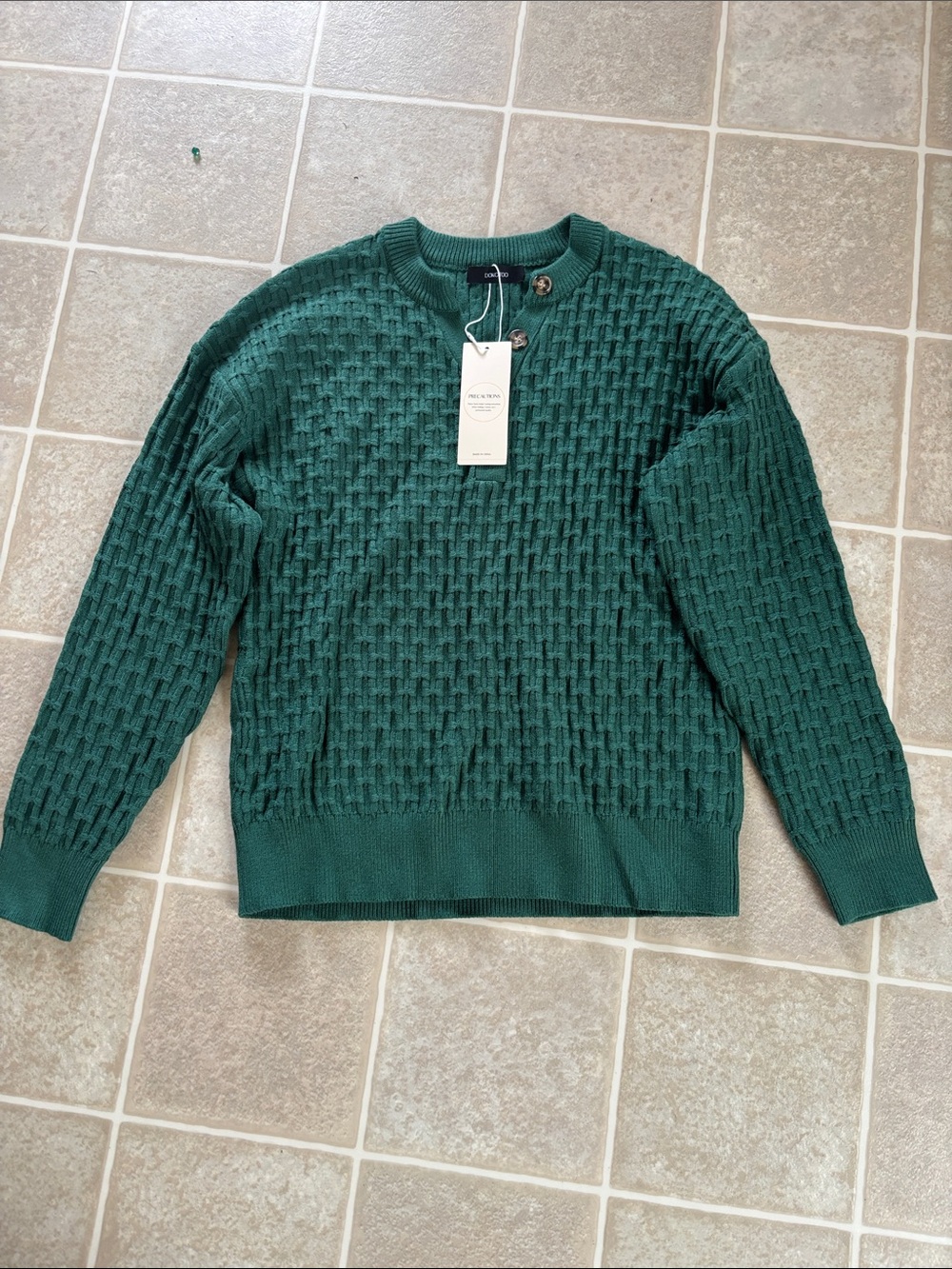 Button-Front Textured Crew Sweater in Teal Green - Women - Picture 6 of 8